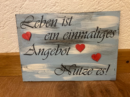 Holzschild A5 Leben ist ein einmaliges Angebot Nutze es