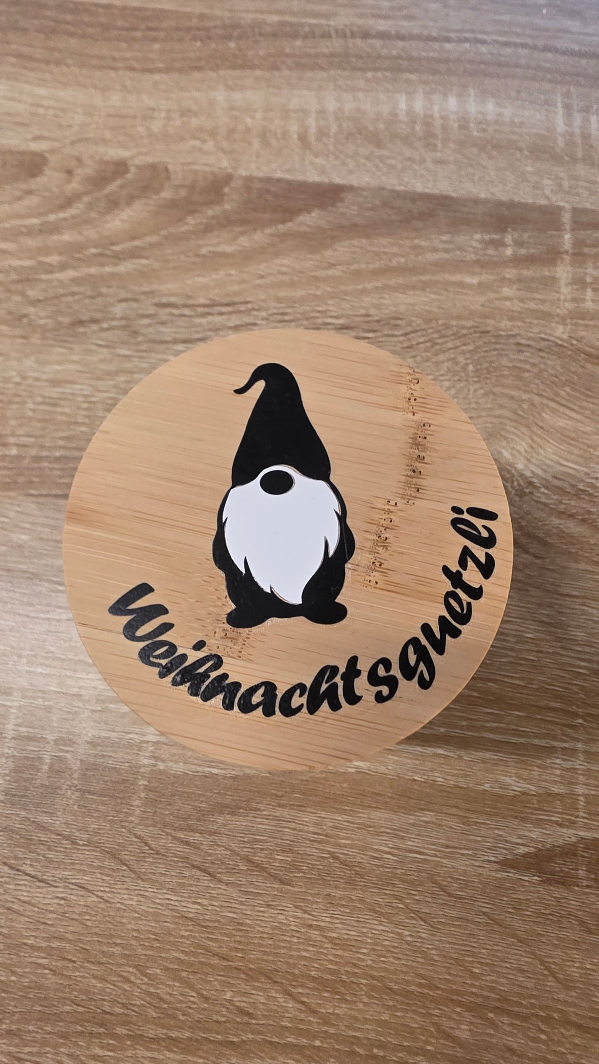 Glas-Vorratsdose mit Bambusdeckel – Weihnachtswichtel &amp; Bauernhofmotiv