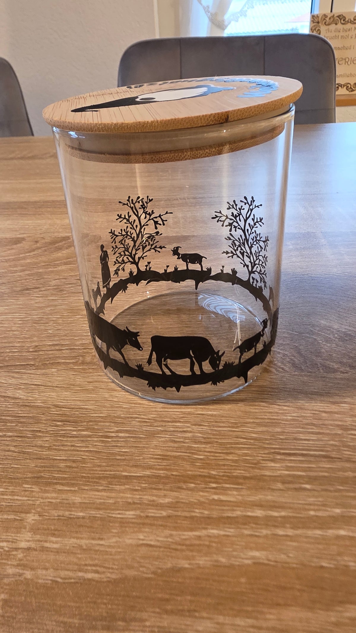 Glas-Vorratsdose mit Bambusdeckel – Weihnachtswichtel &amp; Bauernhofmotiv