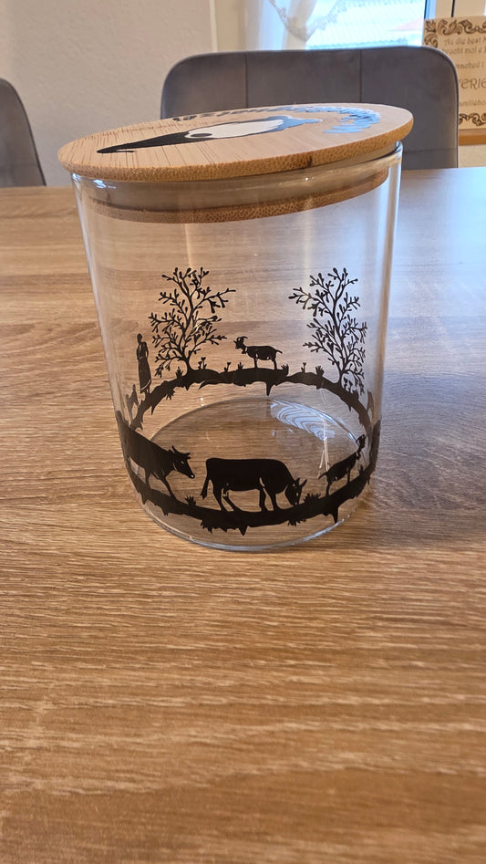 Glas-Vorratsdose mit Bambusdeckel – Weihnachtswichtel &amp; Bauernhofmotiv